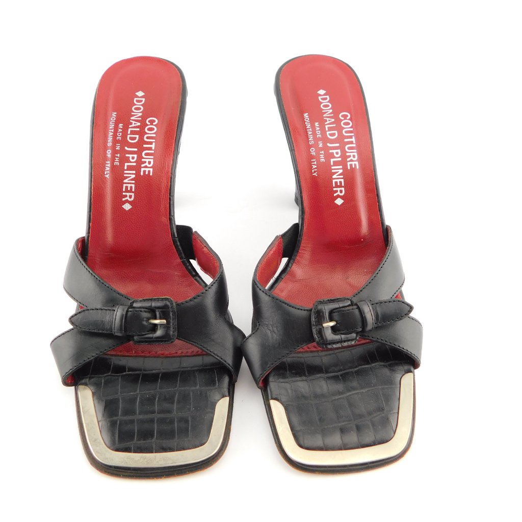 Donald J Pliner Black Alligator Belted Buckle Leather Slide Heel Sandals 6.5